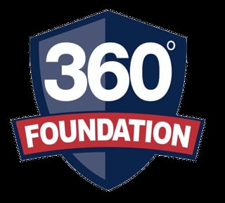 360 Foundation logo featuring a blue shield with white 360° text and a red banner labeled FOUNDATION